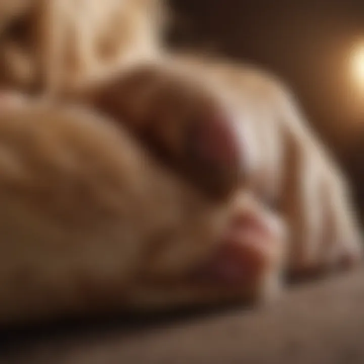 Close-up of a dog's paw resting on a person's lap, symbolizing affection