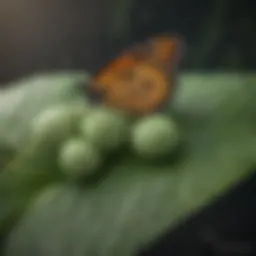 Close-up of monarch butterfly eggs on a milkweed leaf
