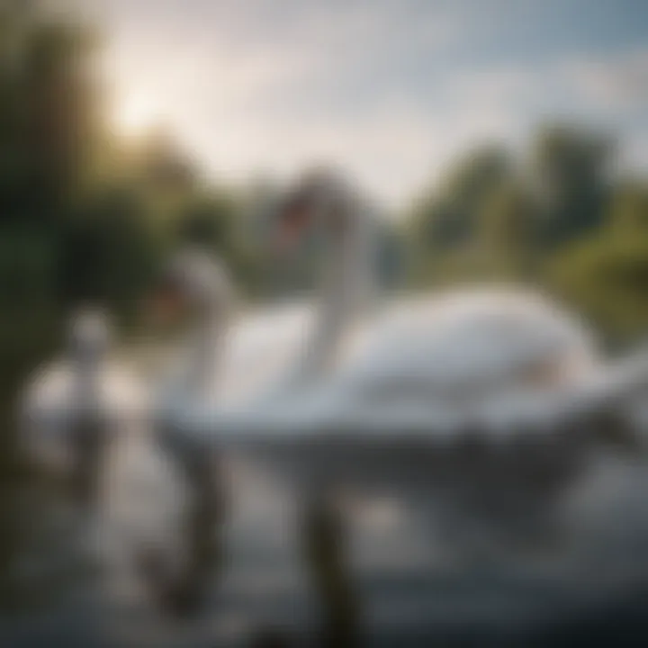 Swan with cygnets swimming together