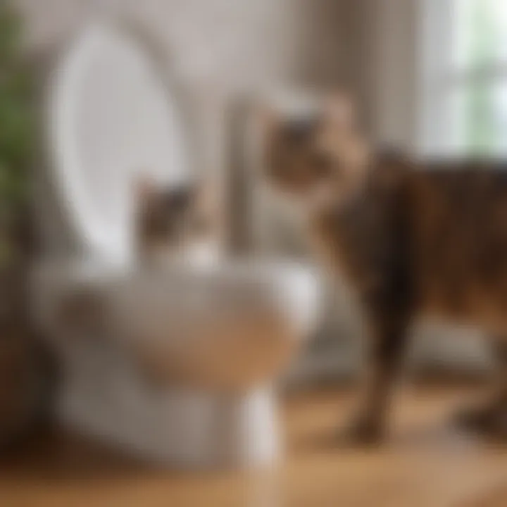 A chic cat owner observing their cat's toilet training progress