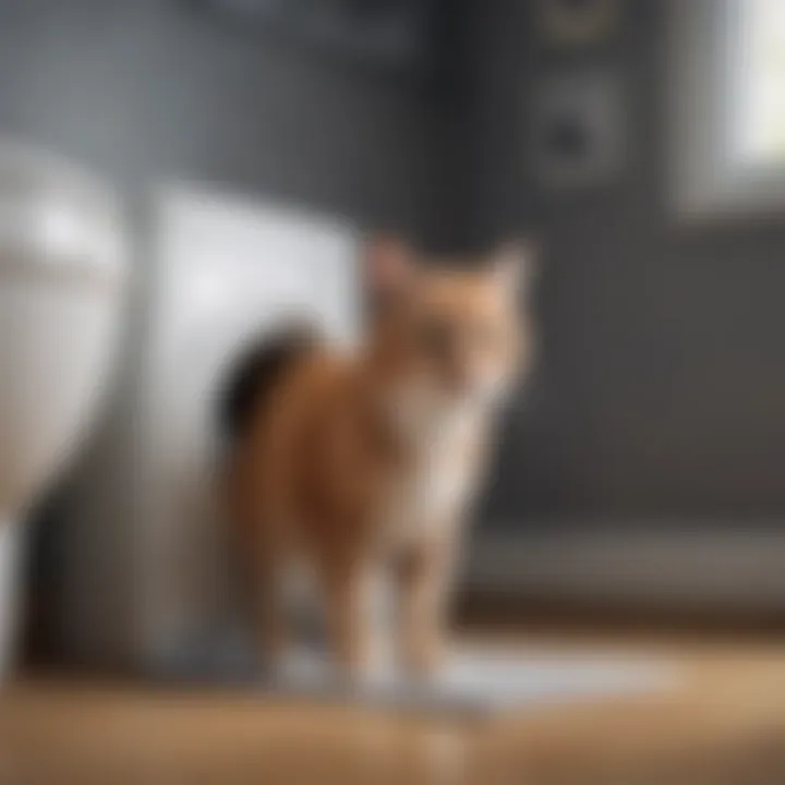 An elegant cat being trained to use a toilet