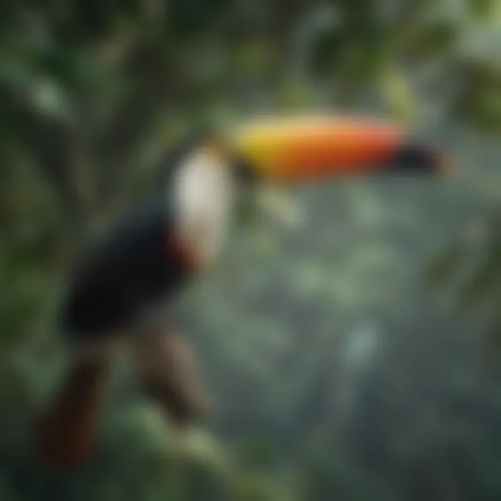 Toucan in flight against a scenic backdrop