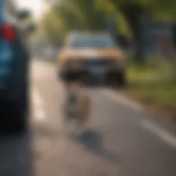 Dog calmly observing a passing car from a safe distance.
