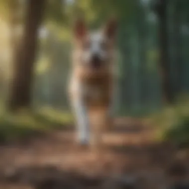 A dog practicing commands in an outdoor setting.