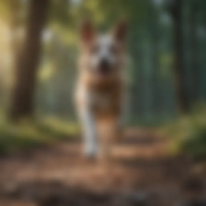 A dog practicing commands in an outdoor setting.