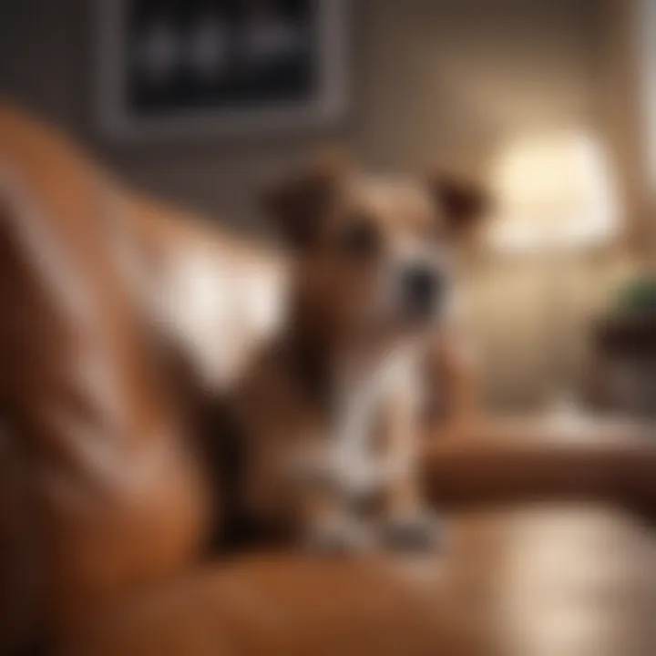 A dog looking curiously at a couch