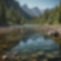 Tranquil river with mountain backdrop