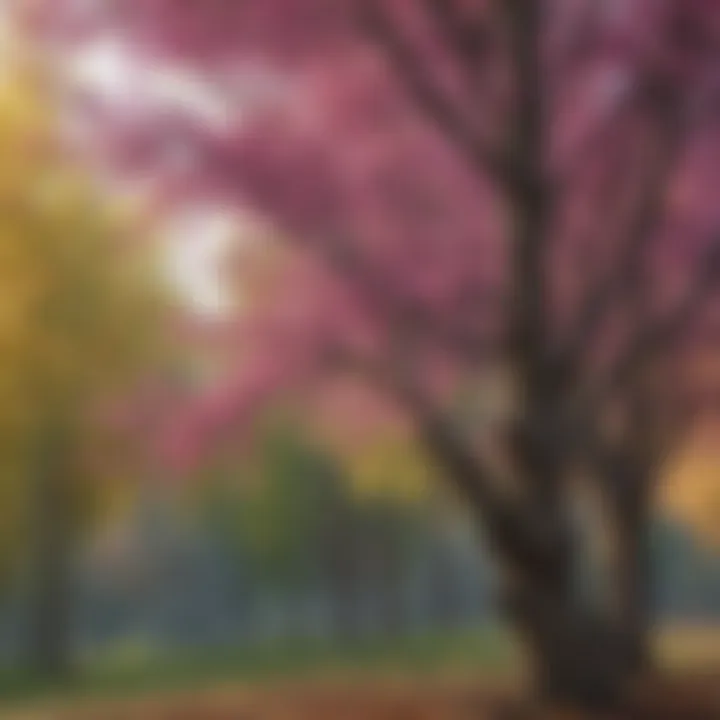 A serene scene showcasing redbud trees in various stages of growth