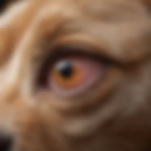 Close-up of a dog's eye exhibiting signs of conjunctivitis, highlighting redness and irritation.