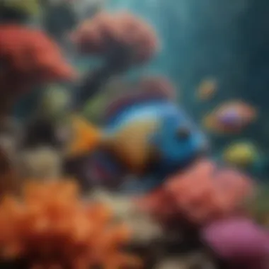 Colorful schools of tropical fish swimming in unison in a vibrant coral reef display