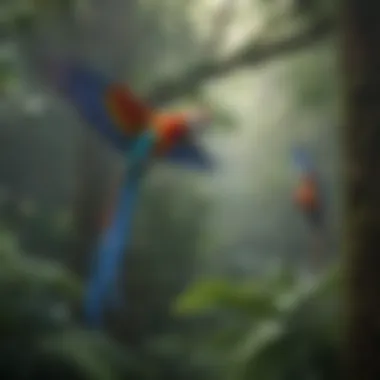 Colorful Macaws Flying Across Rainforest Canopy