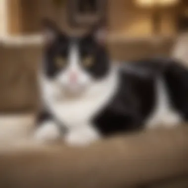 Tuxedo Cat in a Cozy Home A cozy home environment with a tuxedo cat lounging on a sofa