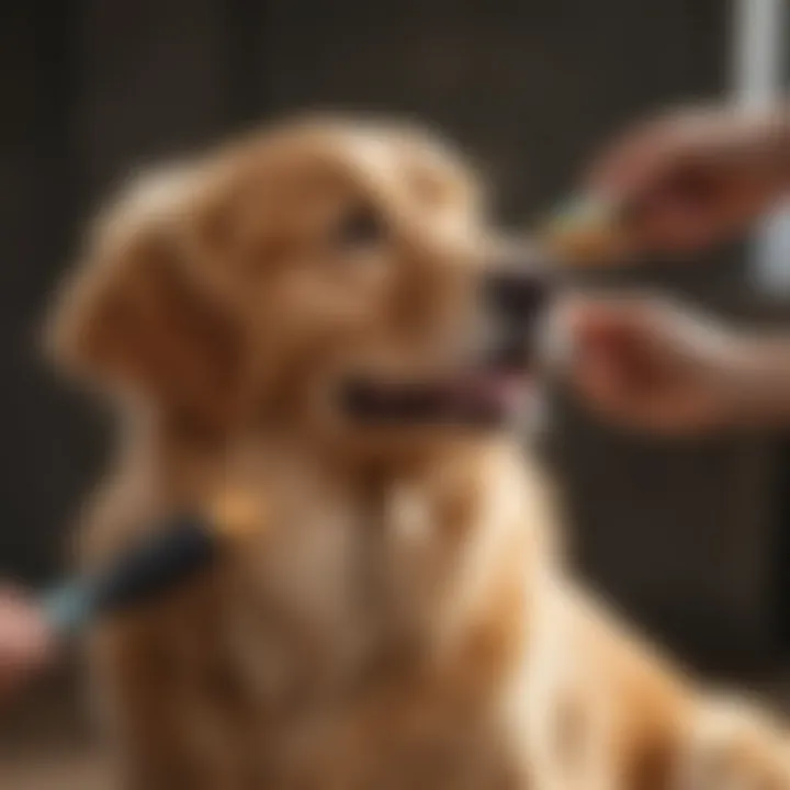 Golden Retriever owner using a deshedding brush on their pet