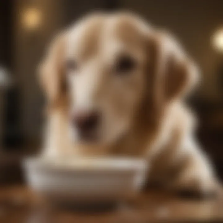 A Golden Retriever looking content after drinking a bowl of goat milk