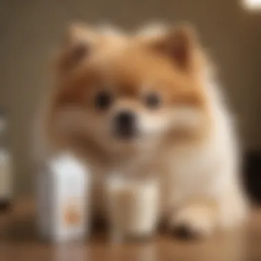 Oat Milk - A Creamy and Dairy-Free Option A fluffy Pomeranian curiously sniffing a carton of oat milk