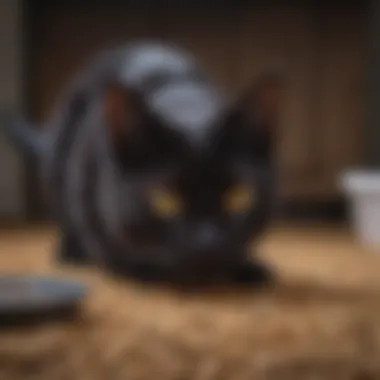 Sleek black cat inspecting clumping cat litter