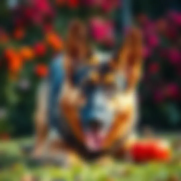 Exploration and Appetite A German Shepherd exploring a vibrant outdoor environment