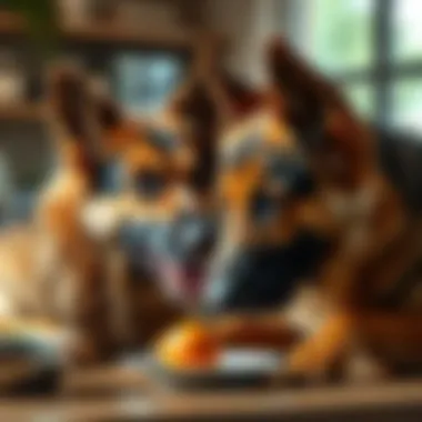 Bonding at Mealtime A German Shepherd interacting with its owner during feeding time