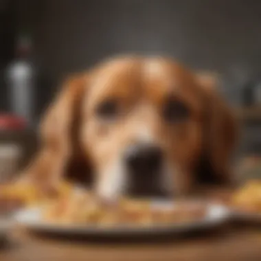 A senior dog lying down, looking disinterested in food