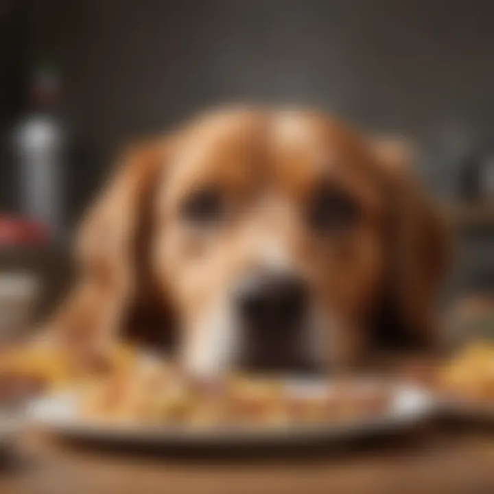 A senior dog lying down, looking disinterested in food