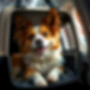 A happy pet comfortably resting inside a carrier during a flight