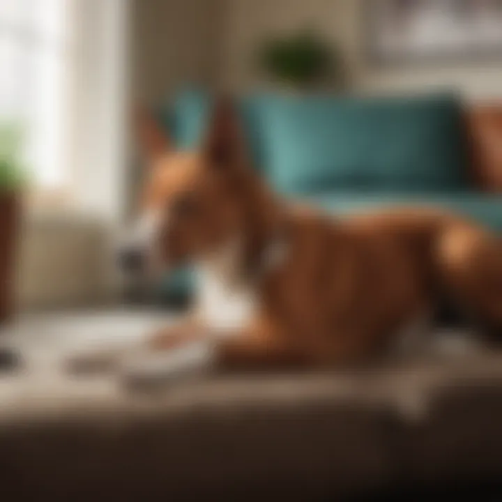 A serene image of a Basenji resting peacefully at home, embodying the companionship and loyalty of the breed.