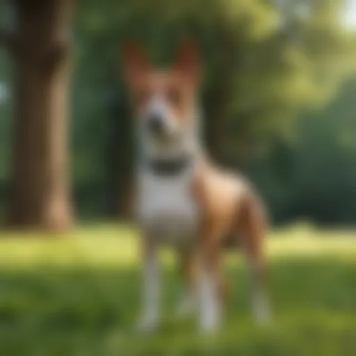 A Basenji dog standing proudly in a lush green park, showcasing its unique appearance and elegant posture.