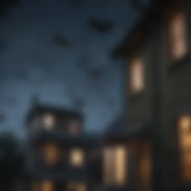 A nighttime scene showing bats flying around a house
