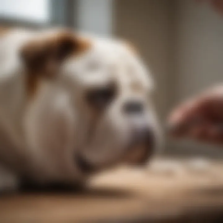 Veterinarian examining a bulldog for allergies