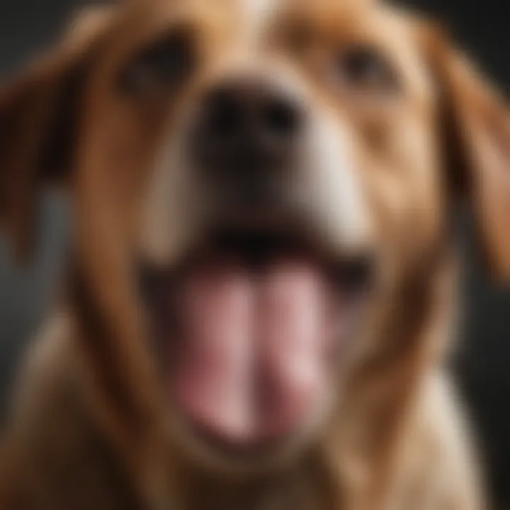 Close-up of a dog's face while licking, with a playful demeanor.