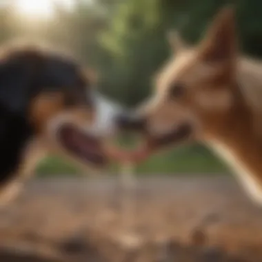 Social Dynamics of Canine Licking A group of dogs interacting and licking each other in a friendly manner.