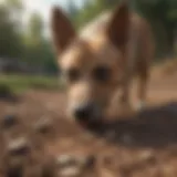 A curious dog sniffing the ground, contemplating consuming dirt