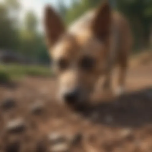 A curious dog sniffing the ground, contemplating consuming dirt