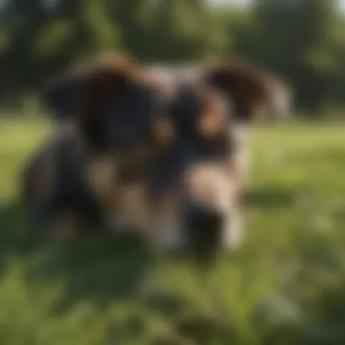 A dog lying down with a content expression after eating grass.