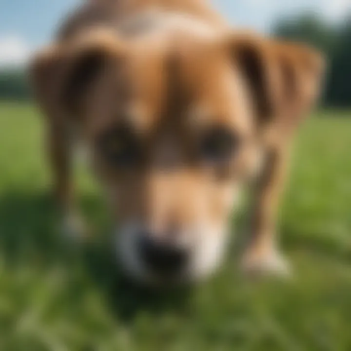 A dog curiously sniffing grass in a vibrant green field.