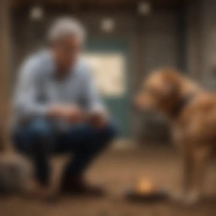 A pet owner watching their dog exhibit unusual behavior, concerned but attentive