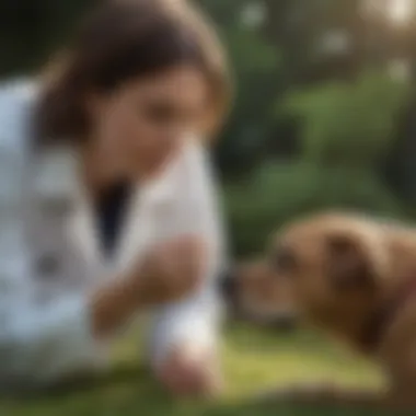 A veterinarian examining a dog with a concerned owner.