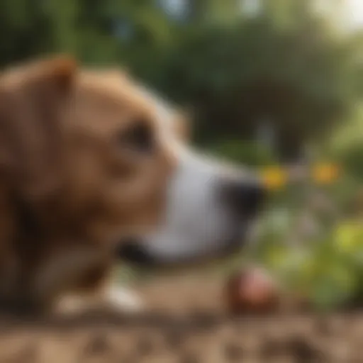 A curious dog sniffing around in a garden.