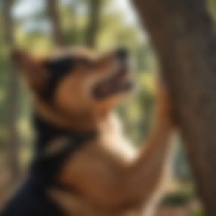 A dog scratching its back against a tree