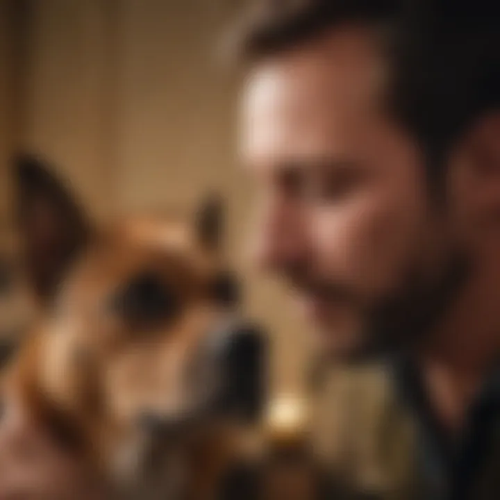 A dog owner comforting their pet, showcasing care and concern.