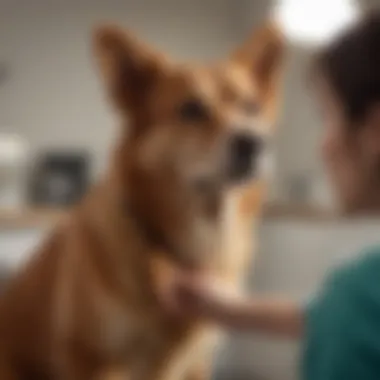 A veterinarian examining a dog in a clinic setting.