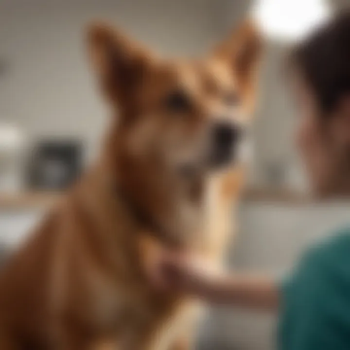 A veterinarian examining a dog in a clinic setting.