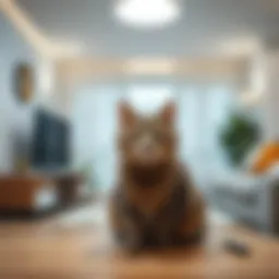 A sleek cat monitor camera positioned in a modern living room