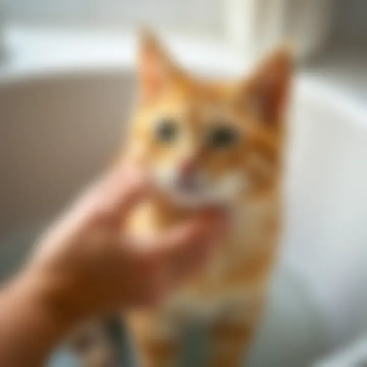 A cat being gently bathed, illustrating proper grooming techniques.