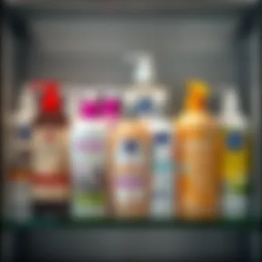 A variety of cat shampoos displayed on a shelf, showcasing different types and formulations.