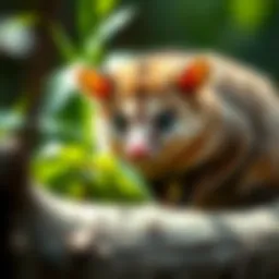 A close-up of a possum in its natural habitat, showcasing its unique features.