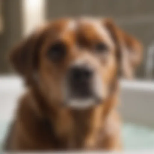 A close-up of a dog enjoying a bath with a special shampoo for mite control