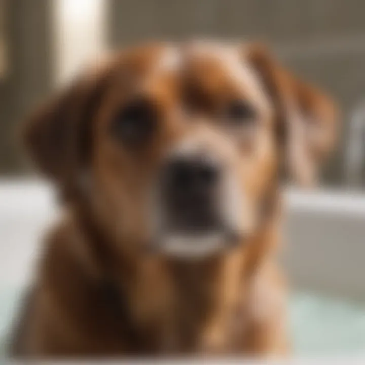 A close-up of a dog enjoying a bath with a special shampoo for mite control