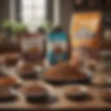 A variety of dry dog food brands arranged on a table, showcasing different textures and sizes.