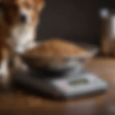 A dog weighing scale with a bowl of dry food, emphasizing the importance of accurate portion measurement.